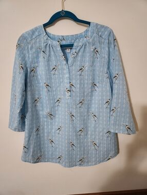 Baby Blue Bird Print Blouse Medium Feminine Whimsey Roll Button Sleeves